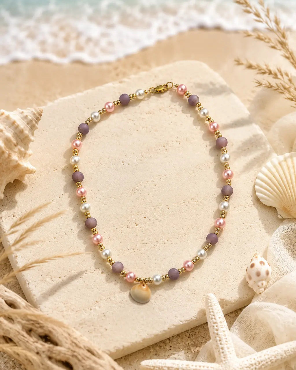 A delicate beaded necklace with lavender, pink, white, and gold beads, styled on a stone block with seashells and starfish against a beach background.