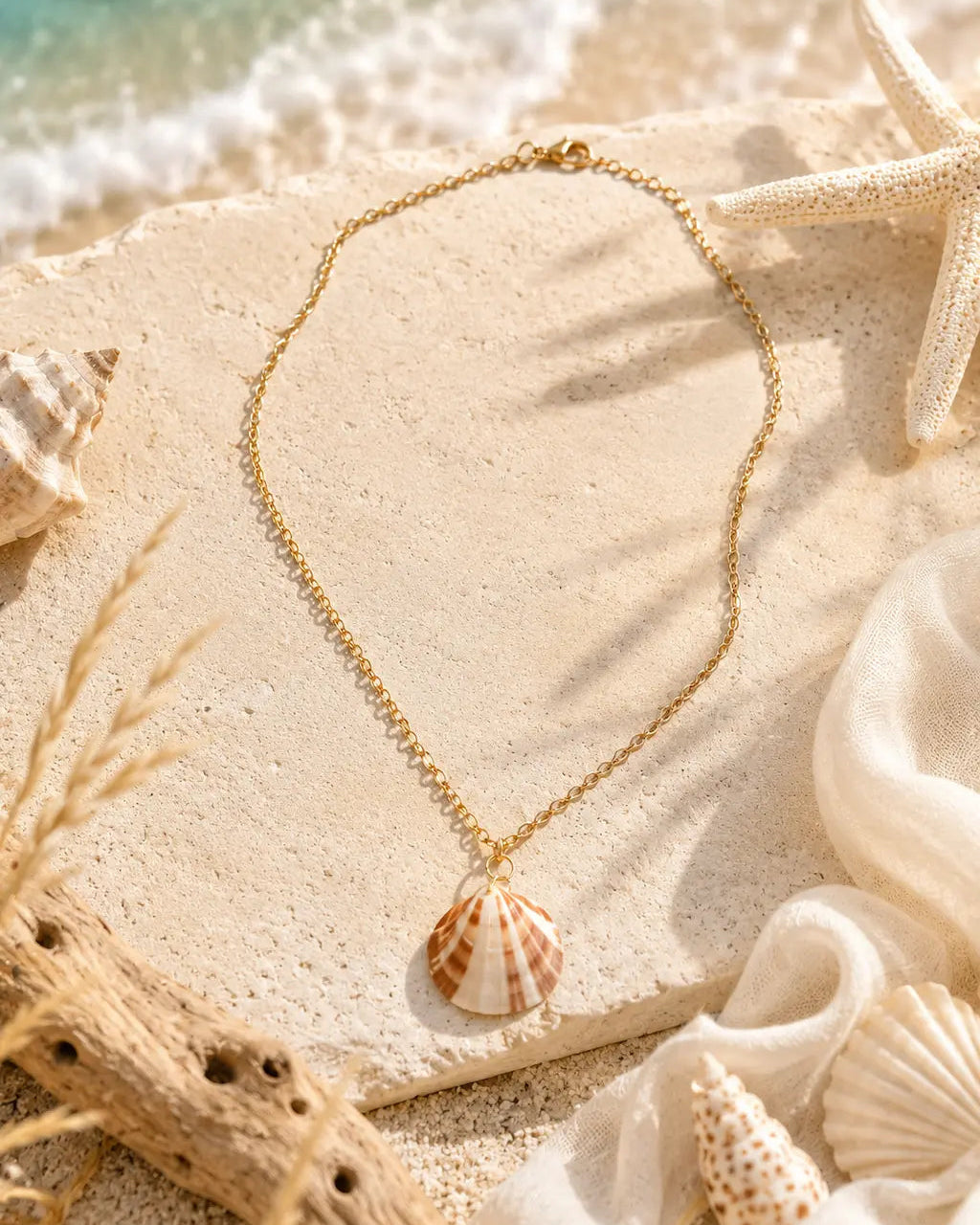 A gold chain necklace with a scallop shell pendant, styled on a sandy beach with seashells, driftwood, and a starfish.