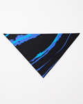 A triangular bandana or pet bandana with a black background and abstract blue and light blue brushstroke patterns, displayed flat against a plain white background.