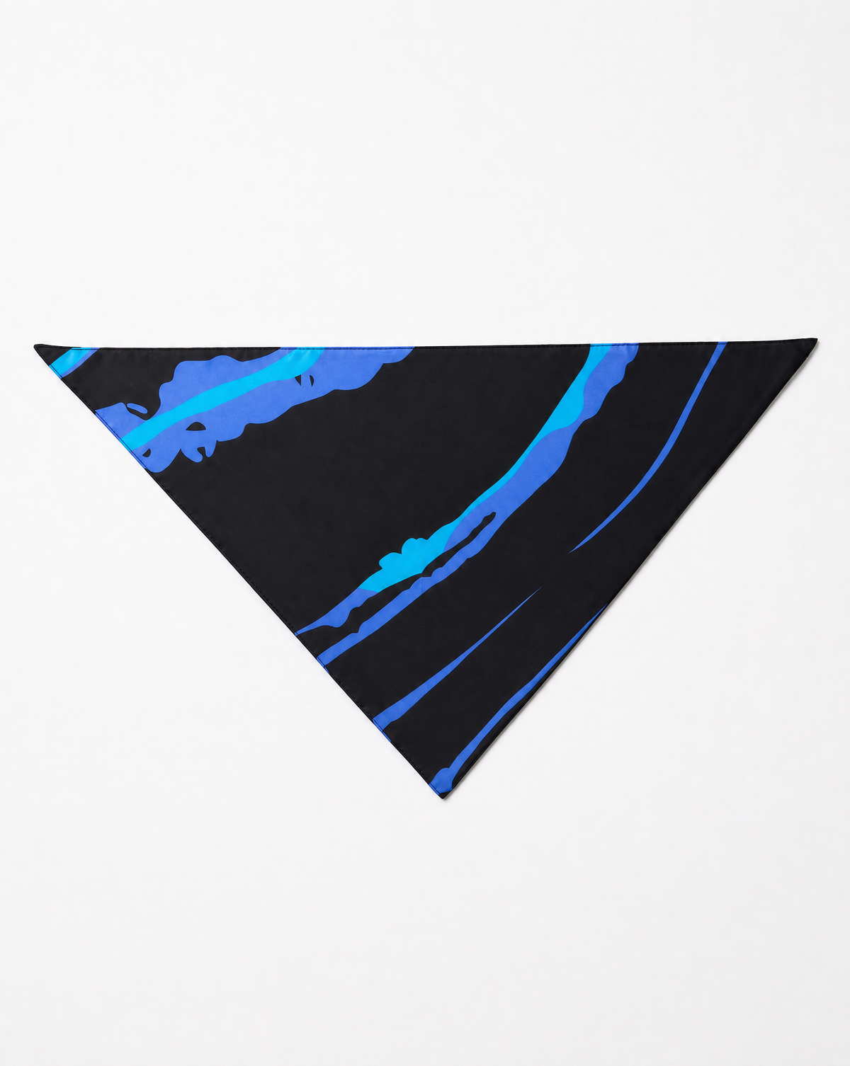 A triangular bandana or pet bandana with a black background and abstract blue and light blue brushstroke patterns, displayed flat against a plain white background.