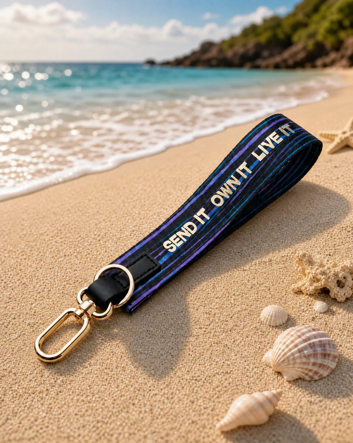 A navy blue woven keychain or wristlet strap with gold lettering that reads 'SEND IT OWN IT LIVE IT' lies on a sandy beach near the shoreline, with shells, ocean water, and a rocky coastline in the background.
