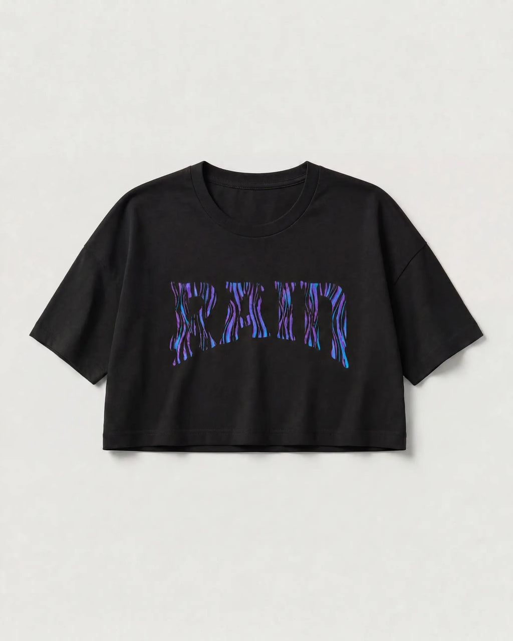 A black short-sleeve cropped T-shirt with a stylized 'MADISON' graphic across the chest in a purple and blue flame-like pattern, displayed against a light gray background.