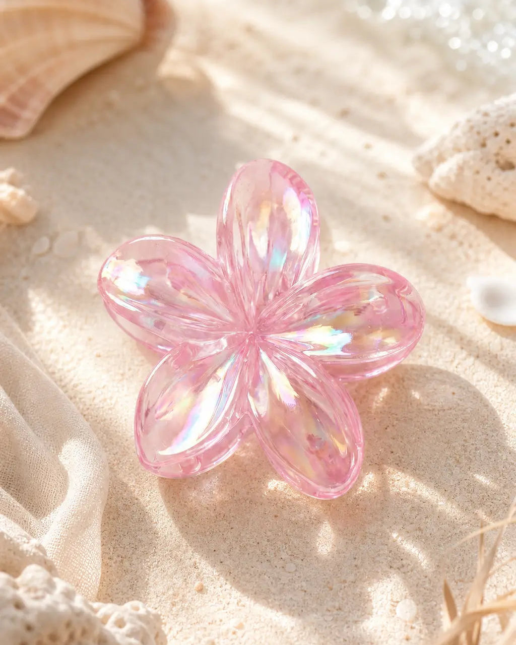 A pink iridescent flower-shaped hair clip resting on sandy beach-style ground with shells and dried grass around it.